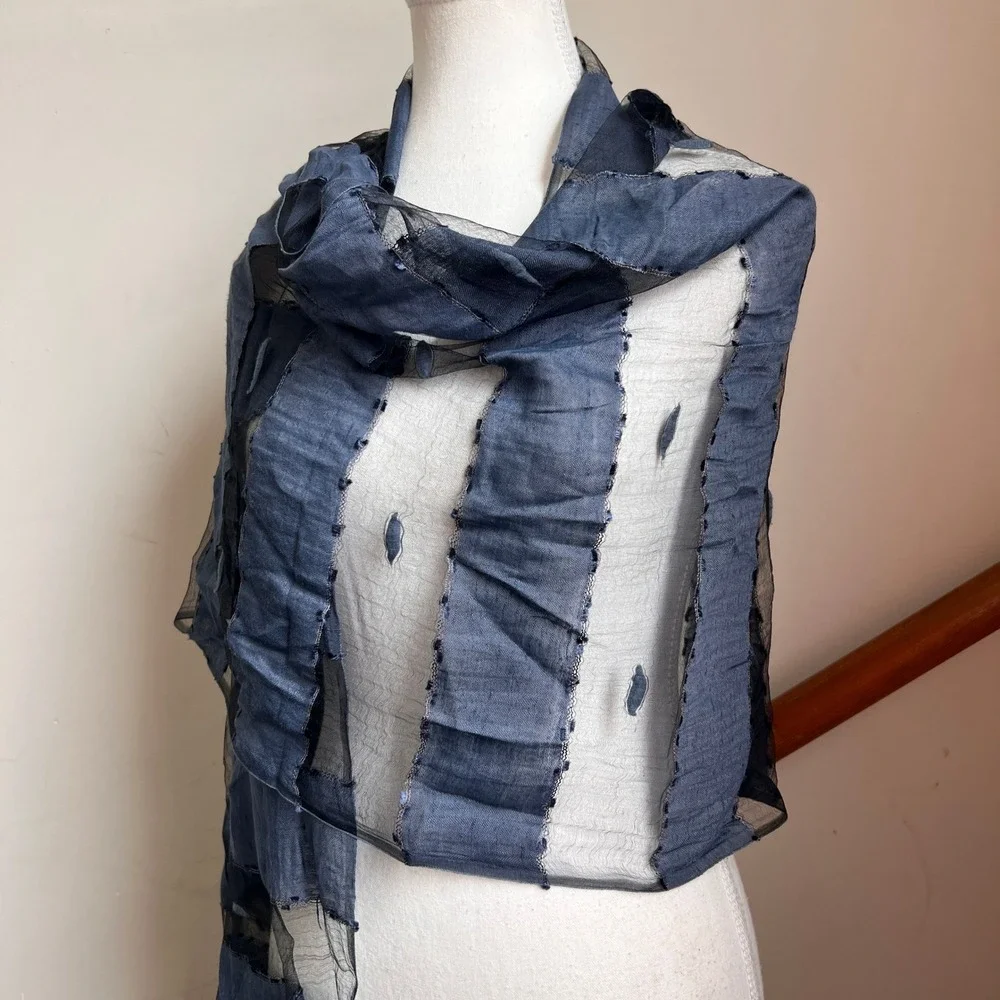 Silk Boiled Wool Sheer‎ Scarf Blue Textured Lightweight Summer Wrap Shawl Artsy